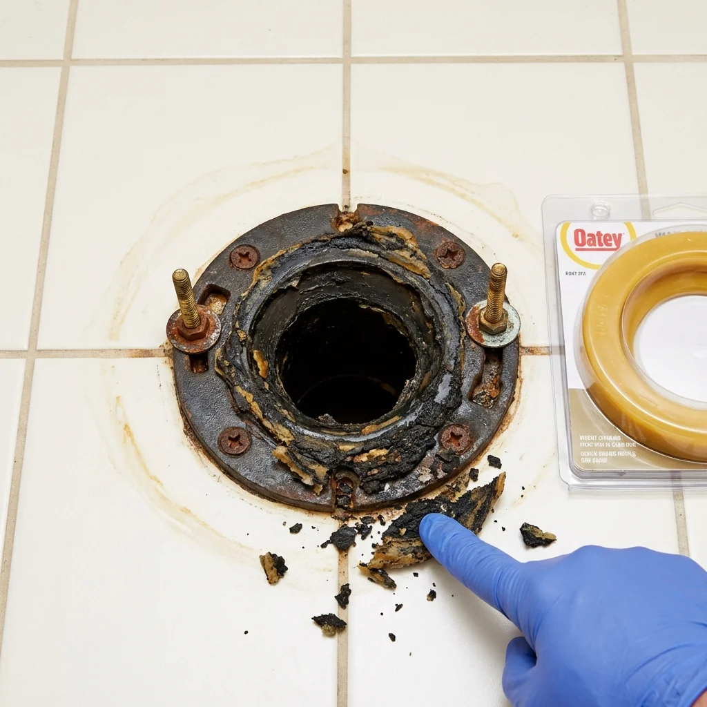 Failed wax ring showing water seepage at the base of a toilet in a Warsaw, IL home