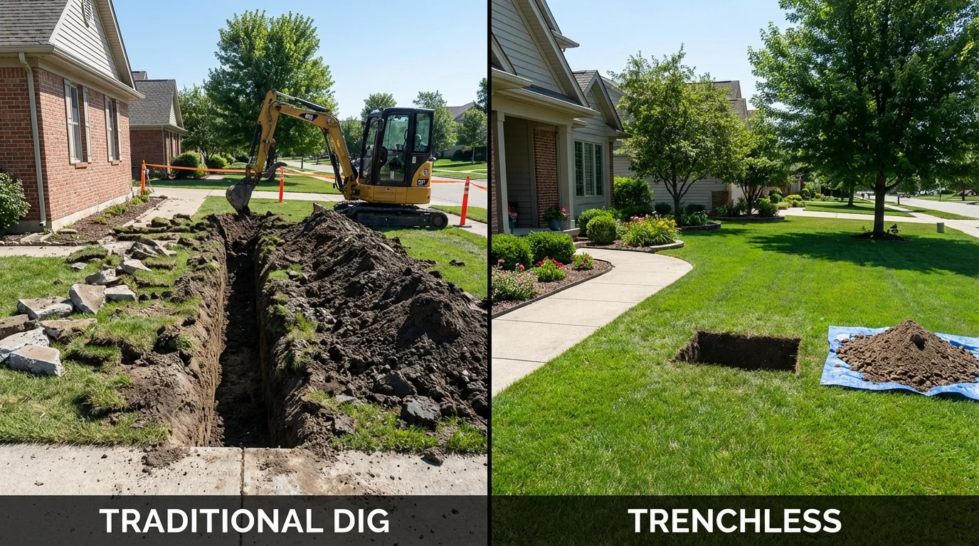 Trenchless sewer repair with minimal yard damage versus traditional excavation in Warsaw, IL