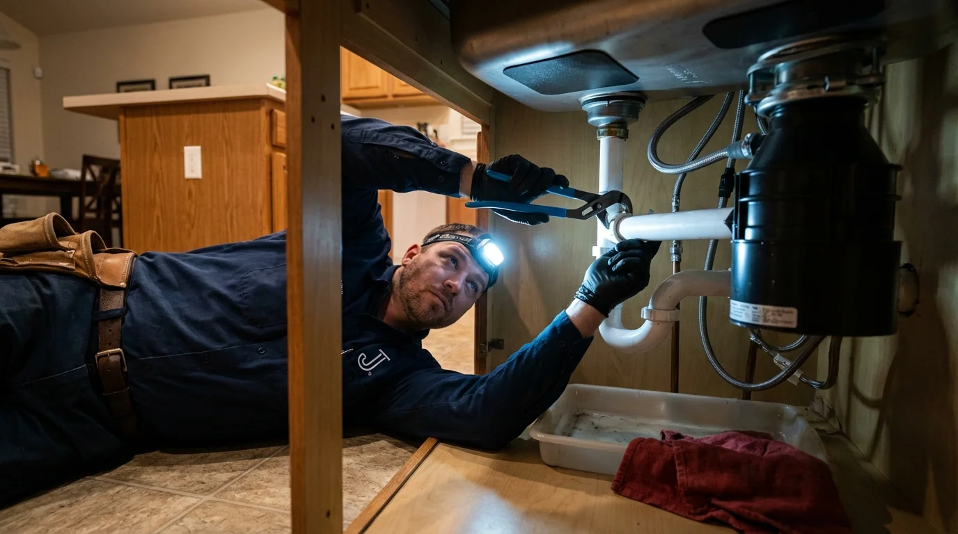 P-trap and supply line connections under a kitchen sink showing a common leak point in Warsaw, IL
